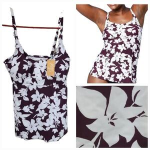 NWT Kona Sol Women's Scoop Neck Adjustable Padded Tankini Top Burgundy Floral